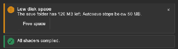 A warning alert with a title, a message, a Free space button and a close button, and a success alert