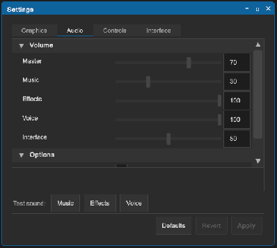 The Audio tab of the Settings screen of the GameMenu example: an AudioSettingsPanel without its buttons, and the test sound buttons of the sample