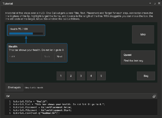 The Tutorial window of the CalloutDemo: a callout points from below to the health bar of a HUD, with a connector line, the step count and the Back and Next buttons