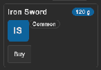 A card with the title Iron Sword, a price badge, an avatar, a Common badge and a Buy button