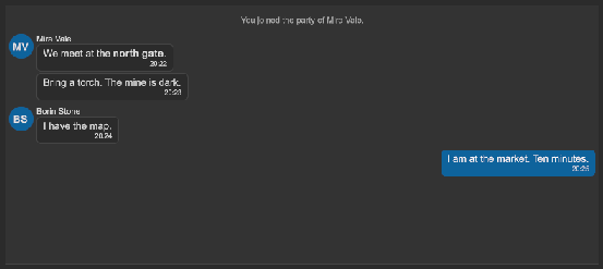 A chat with a system message in the middle, two groups of incoming messages with avatars and times, and an outgoing message on the right