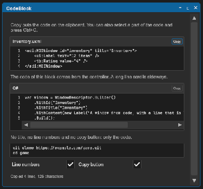 Three code blocks: UXML with a file name as the title, C# with a line that scrolls sideways, and two lines with no header