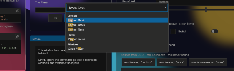 The command palette of the WorkspaceDemo, with the typed text "lay" and the matching commands in their groups