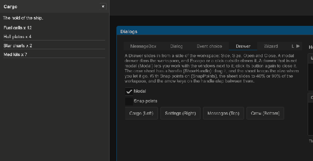 A modal left drawer with the title Cargo over the DialogDemo workspace