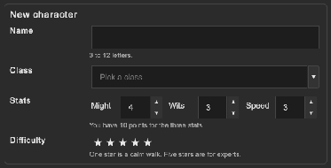 A form with the legend New character: a name field with a description, a class combo box, three number fields and a star rating with a description