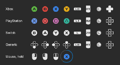 The face buttons, a shoulder button, a trigger, a stick and the D-pad in the Xbox, PlayStation, Switch and Generic looks, three mouse glyphs and a button with a progress ring