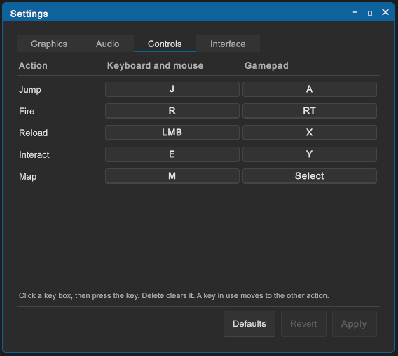 The Controls tab of the Settings screen of the GameMenu example: an InputSettingsPanel without its buttons, with five actions