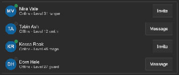 Four list rows, each with an avatar with a status dot, a name, a description and a button