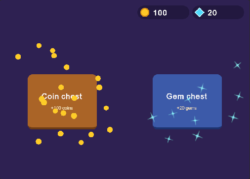 Coins and gems fly from two chests to their counters