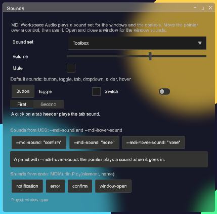 The Sounds window of the WorkspaceDemo: the sound set, the volume, the controls with default sounds, the USS sounds and the sounds from code