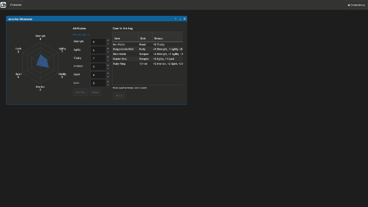 CharacterSheet example scene